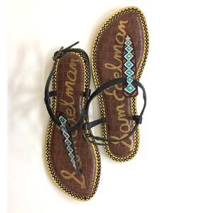 Sam Edelman Gigi‎ Black Croc Embossed Geometric T-Strap Flat Sandals Tribal 6